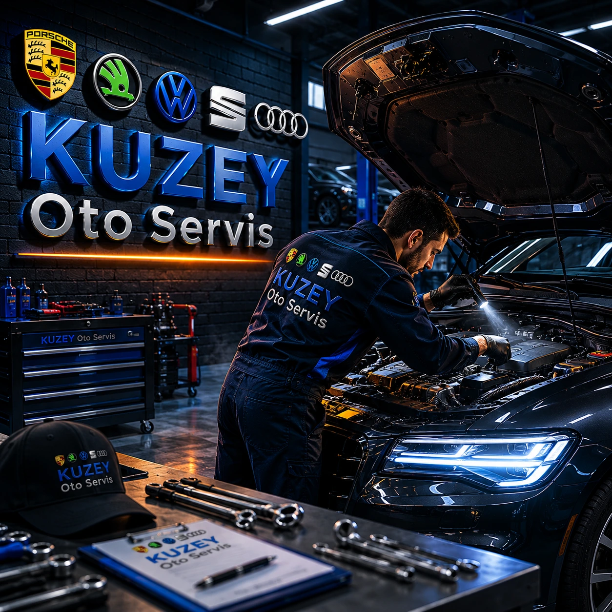 Kuzey Oto Servis teknisyeni Audi araca müdahale ederken